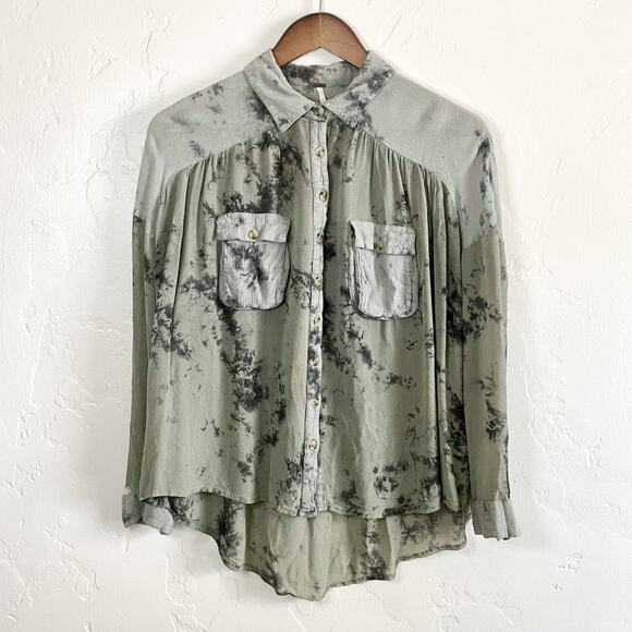 Free People Size XS Blouse - Green Cloud Wash Tie Dye Oversized Festival Trendy - Picture 2 of 12